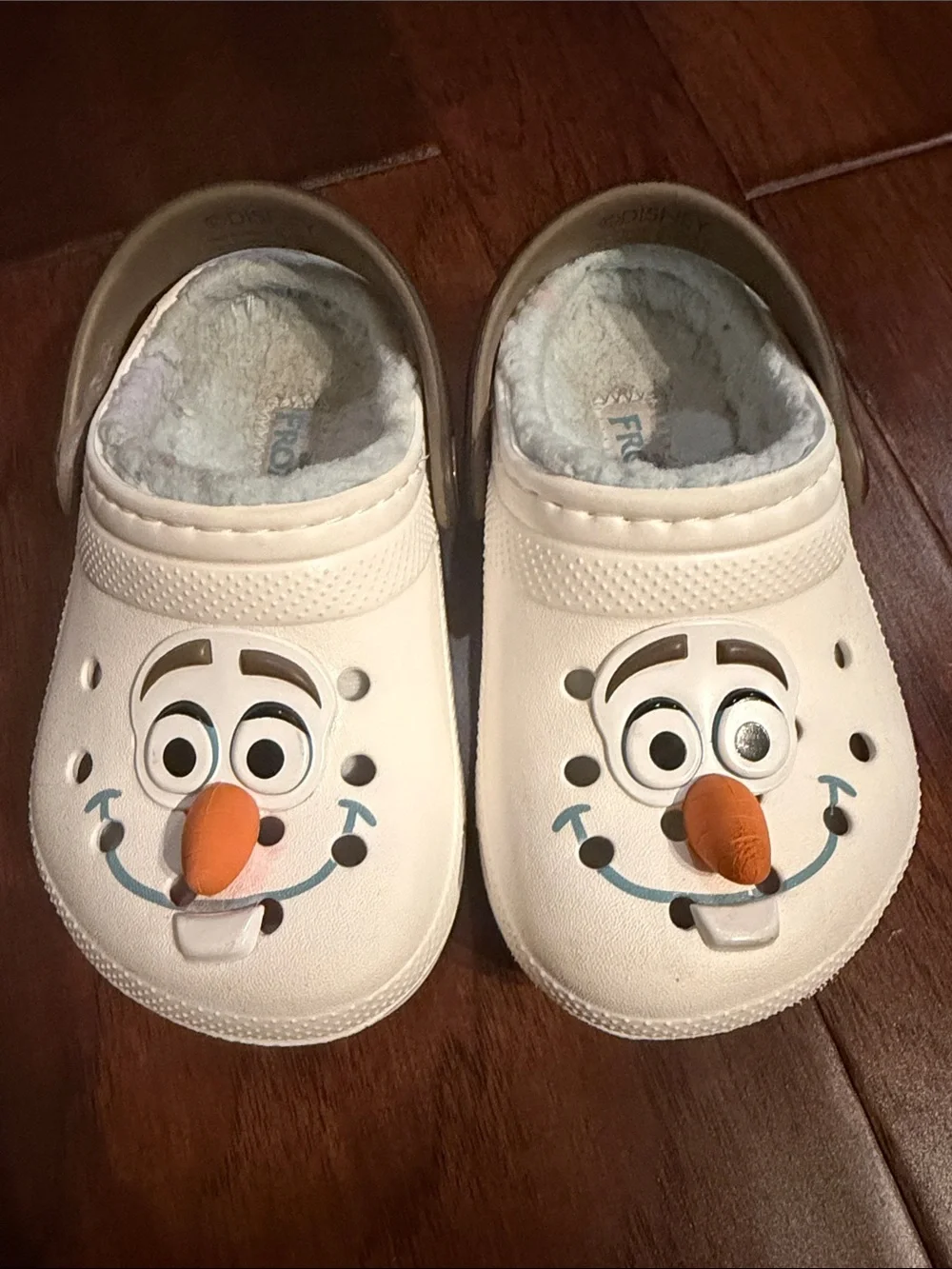 CROCS Kids White Olaf Fleece-Lined Clogs with Orange Nose